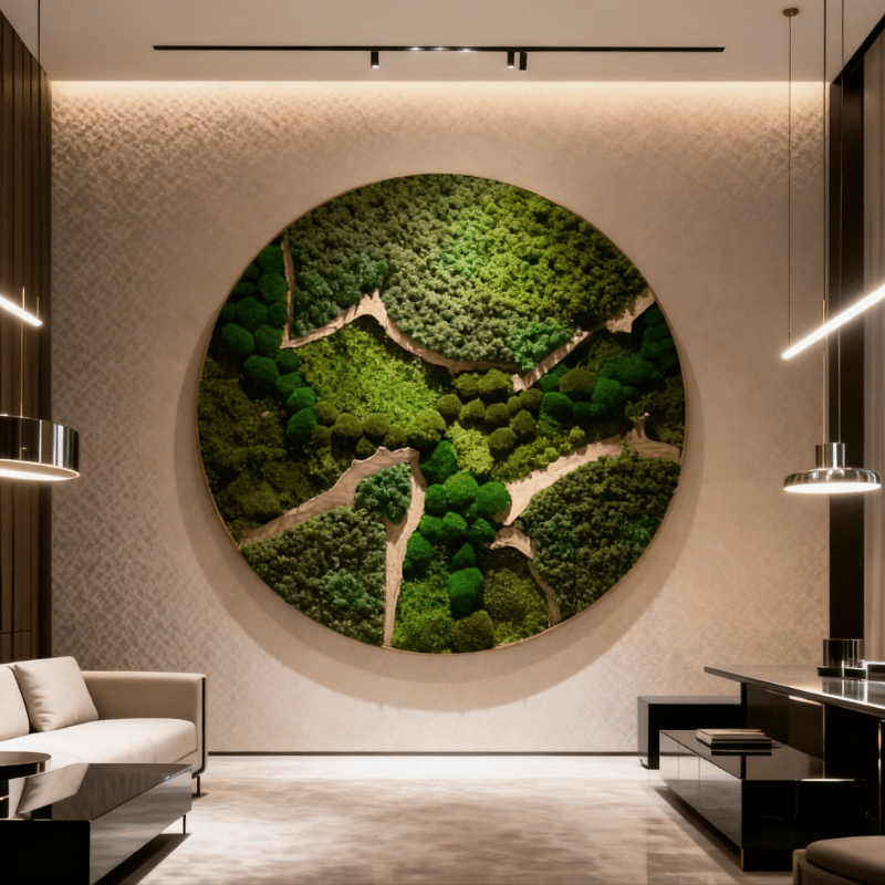 Mosschilderij in woonkamer met houten elementen
